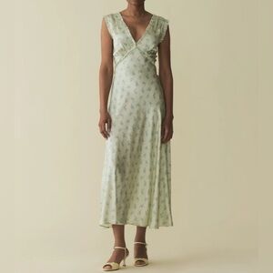 DÔEN Floral Silk V-Neck Midi Tahlia Dress - Verte Hillside Heather Size Small